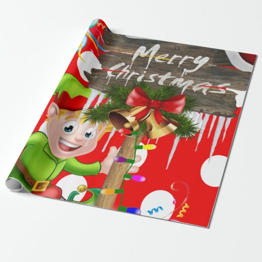 Vrolijk Kerst Wrapping Paper Elf Cadeaupapier (Uitgerold)