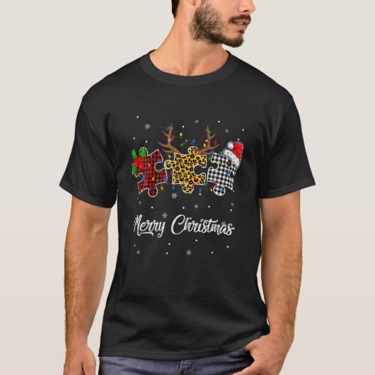 Vrolijk kerstautisme Puzzle Leopard Santa Hat Co T-shirt (Voorkant)