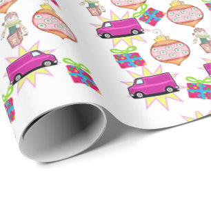 Vrolijk kerstbalkpapier Roze auto-omslagpapier Cadeaupapier