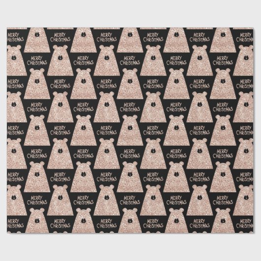 Vrolijk kerstBeer Zwart Roze Rozenrood Glitter Cadeaupapier (Vlak)