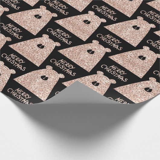 Vrolijk kerstBeer Zwart Roze Rozenrood Glitter Cadeaupapier (Hoek)