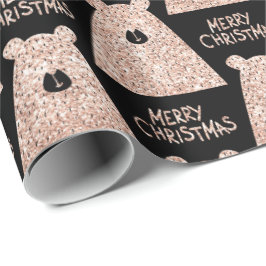 Vrolijk kerstBeer Zwart Roze Rozenrood Glitter Cadeaupapier