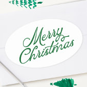 Vrolijk kerstbelettering groen en wit ovale sticker