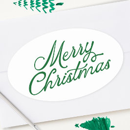 Vrolijk kerstbelettering groen en wit ovale sticker