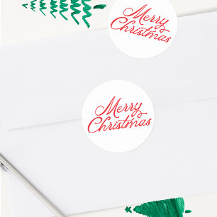 Vrolijk kerstbelettering rood en wit ronde sticker