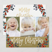 Vrolijk Kerstbessen 3 Foto Vakantie Kaart (Voorkant / Achterkant)