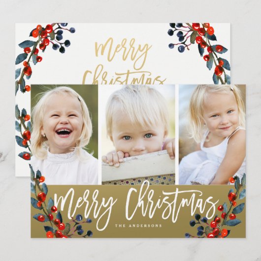 Vrolijk Kerstbessen 3 Foto Vakantie Kaart (Voorkant / Achterkant)
