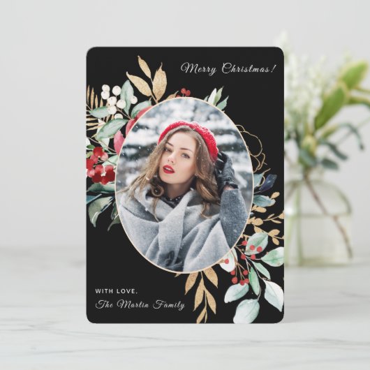 Vrolijk kerstblad boeket foto feestdagenkaart (Staand voorkant)