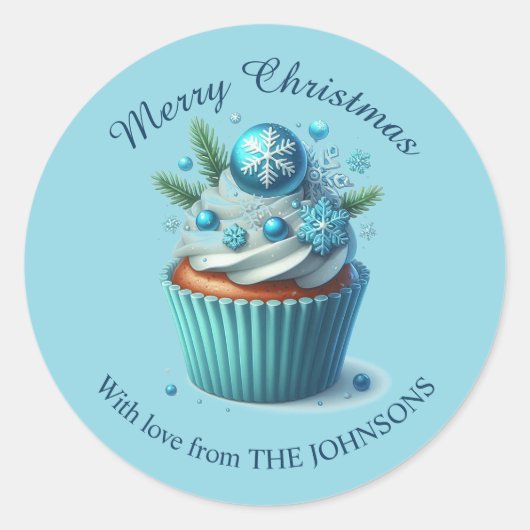 Vrolijk kerstblauw cupcake met liefde Sticker (Voorkant)