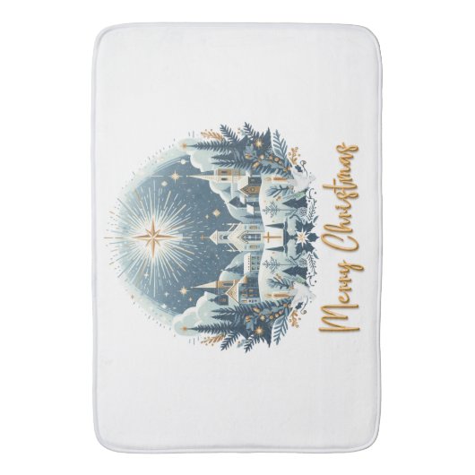 Vrolijk kerstblauw en goud badmat (Voorkant Verticaal)