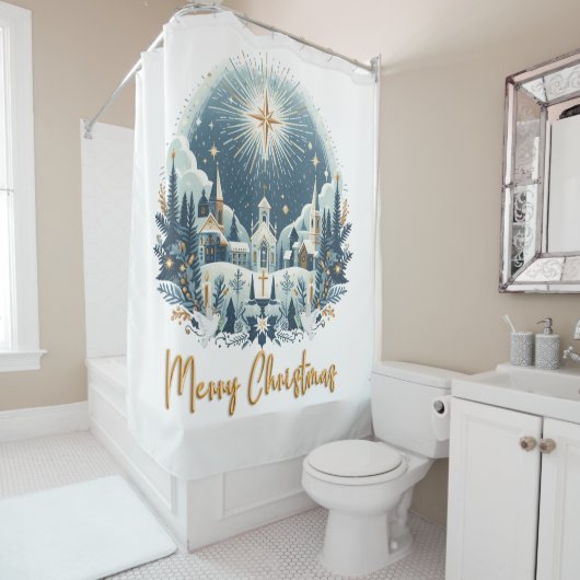 Vrolijk kerstblauw en goud douchegordijn (In situ)