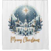 Vrolijk kerstblauw en goud douchegordijn (Voorkant)