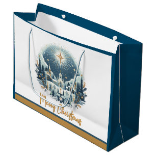 Vrolijk kerstblauw en goud groot cadeauzakje