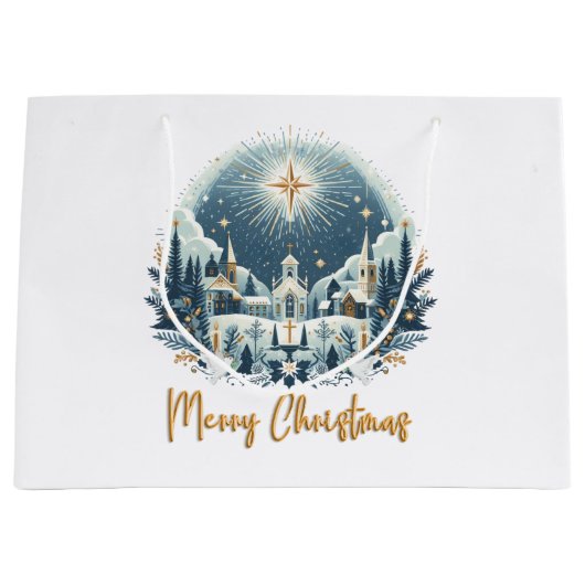 Vrolijk kerstblauw en goud groot cadeauzakje (Voorkant)