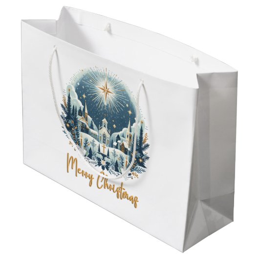 Vrolijk kerstblauw en goud groot cadeauzakje (Achterkant Gekanteld)