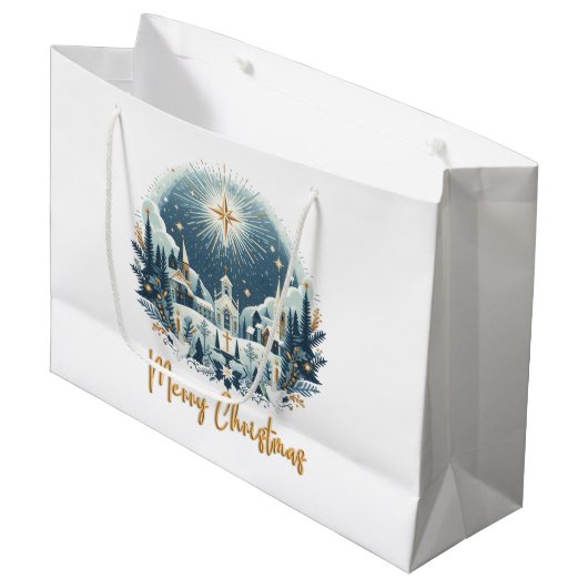 Vrolijk kerstblauw en goud groot cadeauzakje (Voorkant Gekanteld)