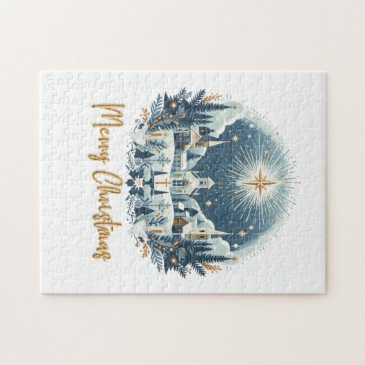 Vrolijk kerstblauw en goud legpuzzel (Horizontaal)