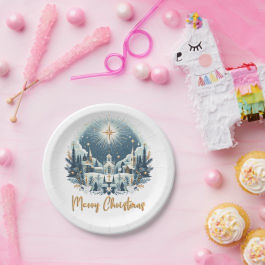 Vrolijk kerstblauw en goud papieren bordje (Feest)