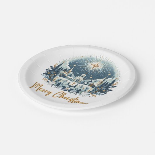 Vrolijk kerstblauw en goud papieren bordje (Gekanteld)