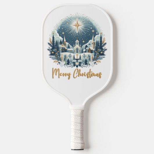 Vrolijk kerstblauw en goud pickleball paddle (Voorkant)