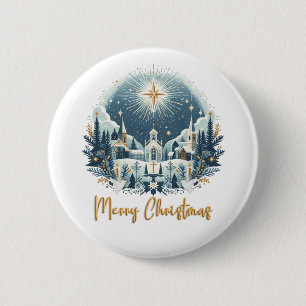 Vrolijk kerstblauw en goud ronde button 5,7 cm