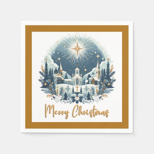 Vrolijk kerstblauw en goud servet (Voorkant)