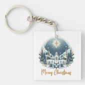 Vrolijk kerstblauw en goud sleutelhanger (voorkant)