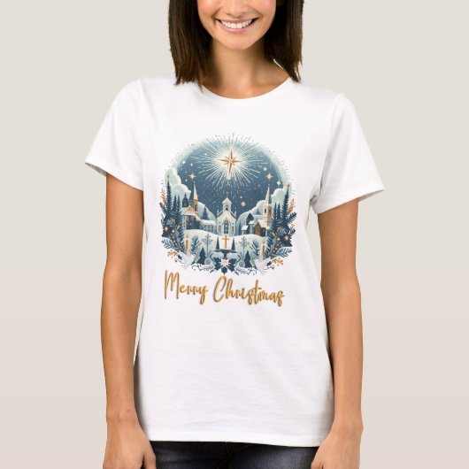 Vrolijk kerstblauw en goud t-shirt (Voorkant)