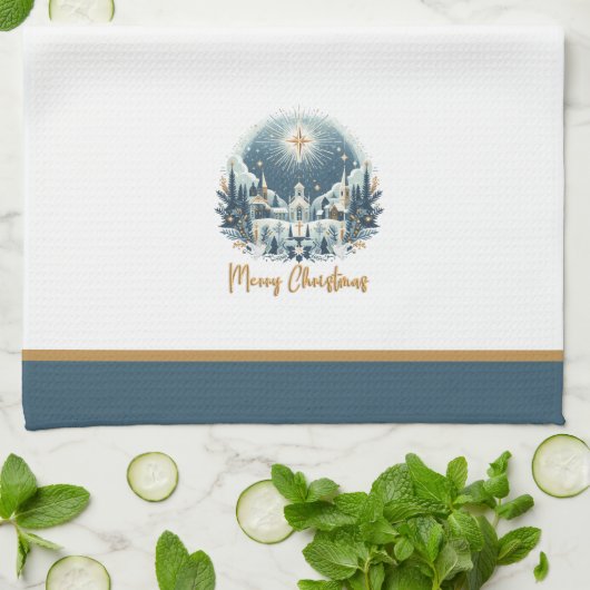 Vrolijk kerstblauw en goud theedoek (Gevouwen)