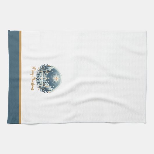 Vrolijk kerstblauw en goud theedoek (Horizontaal)