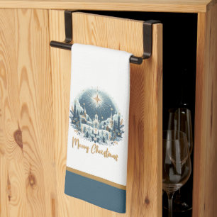 Vrolijk kerstblauw en goud theedoek