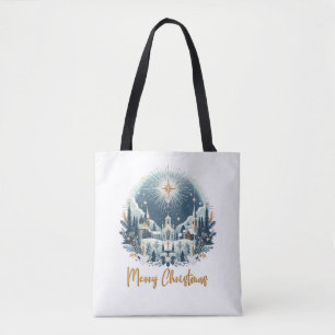 Vrolijk kerstblauw en goud tote bag