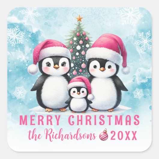 Vrolijk kerstblauw en roze Schattigee pinguïns Vierkante Sticker (Voorkant)