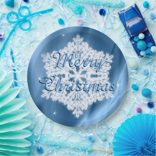 Vrolijk kerstblauw en witte sneeuwvlok papieren bordje (Feest)