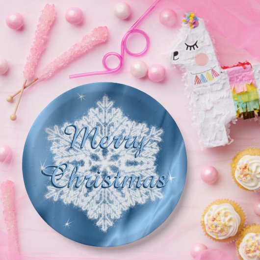 Vrolijk kerstblauw en witte sneeuwvlok papieren bordje (Feest)
