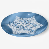 Vrolijk kerstblauw en witte sneeuwvlok papieren bordje (Gekanteld)