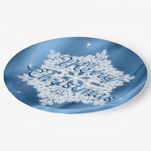 Vrolijk kerstblauw en witte sneeuwvlok papieren bordje (Gekanteld)