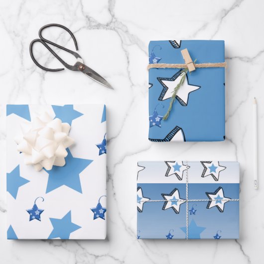 Vrolijk kerstblauw en witte sterren inpakpapier vel (Voorkant)