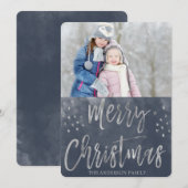 Vrolijk kerstblauw en zilveren Waterverf Foto Feestdagenkaart (Voorkant / Achterkant)