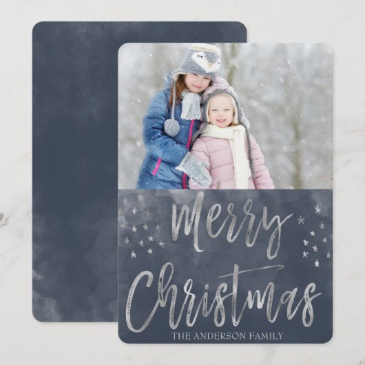 Vrolijk kerstblauw en zilveren Waterverf Foto Feestdagenkaart (Voorkant / Achterkant)