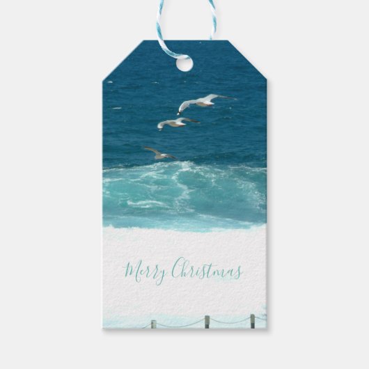 Vrolijk kerstblauw golven rond de Middellandse Zee Cadeaulabel (Voorkant)