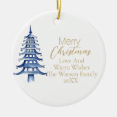 Vrolijk Kerstblauw Pagoda Kerstboom 1-Foto Keramisch Ornament (Voorkant)