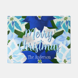 Vrolijk kerstblauw Poinsettias Doormat Deurmat