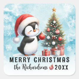 Vrolijk kerstblauw rood Schattige pinguïn familie Vierkante Sticker