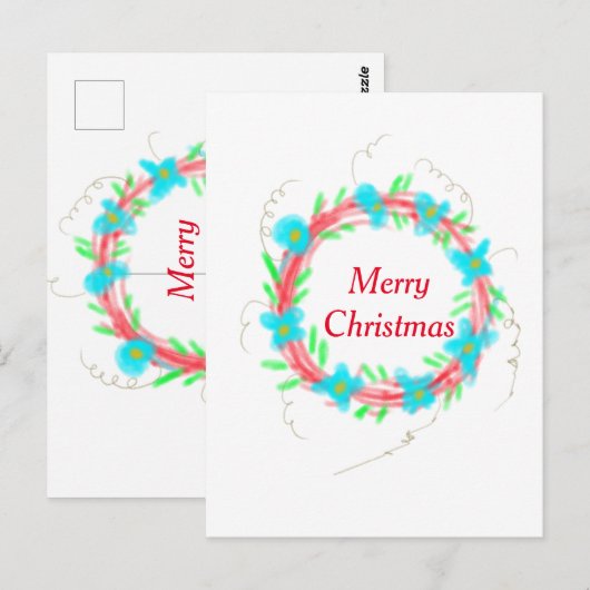 Vrolijk kerstblauw rood slinger waterverf vakantie briefkaart (Voorkant / Achterkant)