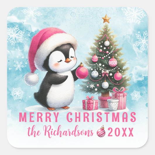 Vrolijk Kerstblauw Roze Schattigee Pinguïn Custom Vierkante Sticker (Voorkant)