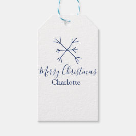 Vrolijk Kerstblauw sneeuwvlokken voeg naam feestda Cadeaulabel