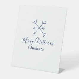 Vrolijk Kerstblauw sneeuwvlokken voeg naam feestda Reclamebord Met Voetstuk