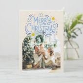 Vrolijk Kerstblauw Typografie Gearcheerde Foto Feestdagenkaart (Staand voorkant)