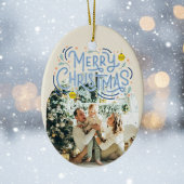 Vrolijk Kerstblauw Typografie Gearcheerde Foto Keramisch Ornament